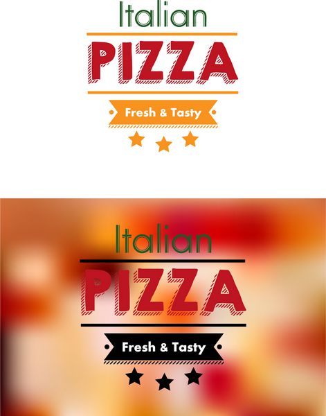 نشان پیتزا ایتالیایی یا لوگوی پوستری با متن - ایتالیایی - پیتزا - تازه و خوشمزه و سه ستاره یک نسخه روی سفید و دیگری در پس زمینه تار رویه پیتزا