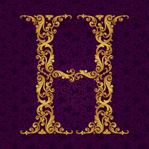 نوع فونت طلایی حرف h بزرگ وکتور عنصر Oque از الفبای طلایی ساخته شده از فر و نقوش گل عنصر abc ویکتوریایی در وکتور
