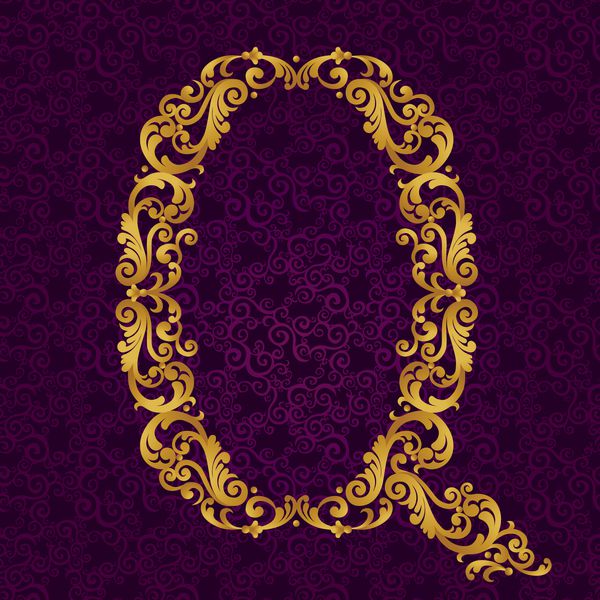 فونت طلایی حرف q بزرگ وکتور عنصر Oque از الفبای طلایی ساخته شده از فر و نقوش گل عنصر abc ویکتوریایی در وکتور