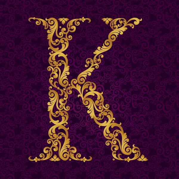 نوع فونت طلایی حرف k بزرگ وکتور عنصر Oque از الفبای طلایی ساخته شده از فر و نقوش گل عنصر abc ویکتوریایی در وکتور