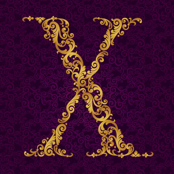 فونت طلایی نوع حرف x بزرگ وکتور عنصر Oque از الفبای طلایی ساخته شده از فر و نقوش گل عنصر abc ویکتوریایی در وکتور