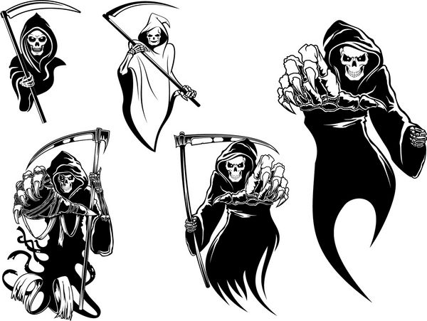 شخصیت های اسکلت مرگ با و بدون داس مناسب برای هالووین لوگو مذهب و طراحی