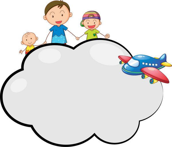 تصویری از یک پیام ابری خالی با خانواده و یک هواپیما در پس‌زمینه سفید