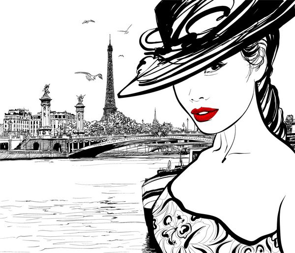 زن جوان در نزدیکی رودخانه سن در پاریس با برج ایفل در پس زمینه - وکتور