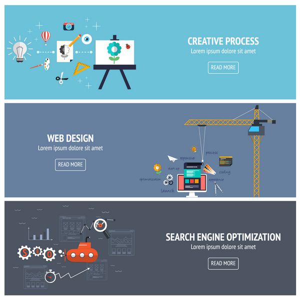 بنرهای طراحی مسطح برای فرآیند خلاقانه طراحی وب و بهینه سازی موتورهای جستجو بردار