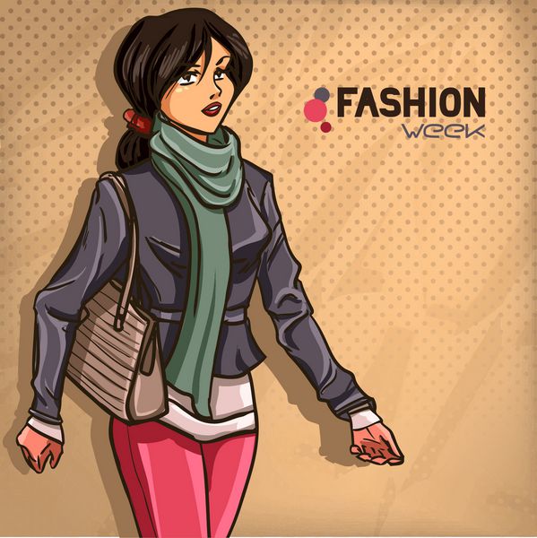 شیک پوش خانم زیبا دختر لباس های پاییزی پوشیده است - شلوار جین کت بارانی دستکش پس زمینه وکتور رنگی