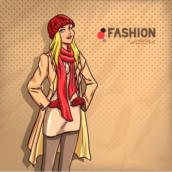 مد زیبا و زیبا در طول کامل دختر لباس های پاییزی پوشیده است - لباس کت بارانی کلاه دستکش چکمه پس زمینه وکتور رنگی