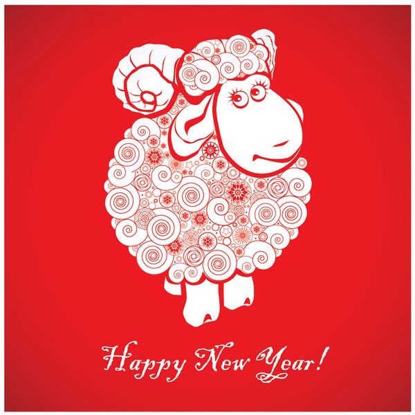 گوسفند خنده دار در پس زمینه قرمز روشن و سال نو مبارک 2015 طرح تصویر تصویر سال 2015 وکتور نماد چینی کارت تبریک
