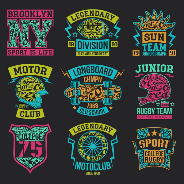 طراحی گرافیکی راگبی موتورکلاب نشان ورزشی کالج لانگ برد برای تی شرت چاپ روشن روی پس زمینه تیره