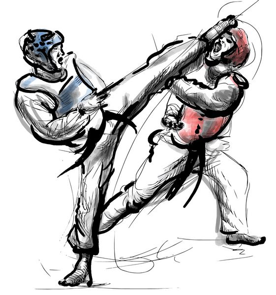 وکتور تبدیل شده با دست به خط از سری هنرهای رزمی تکواندو یک هنر رزمی کره ای است ترکیبی از فنون مبارزه و دفاع شخصی با ورزش و تمرین