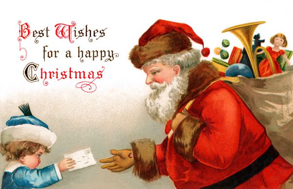 بهترین آرزوها برای کریسمس مبارک - بابا نوئل نامه ای از یک کودک دریافت می کند - تصویر کارت تبریک قدیمی در سال 1907 توسط الن کلاپسدل