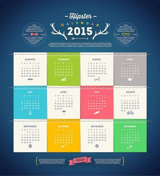 طرح قالب وکتور - تقویم 2015 با صفحه کاغذی برای ماه ها