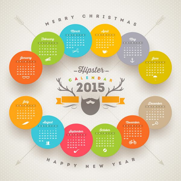 الگوی وکتوری تقویم 2015 با عناصر سبک هیپستر