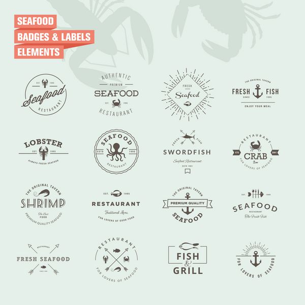 مجموعه ای از نشان ها و عناصر برچسب برای غذاهای دریایی