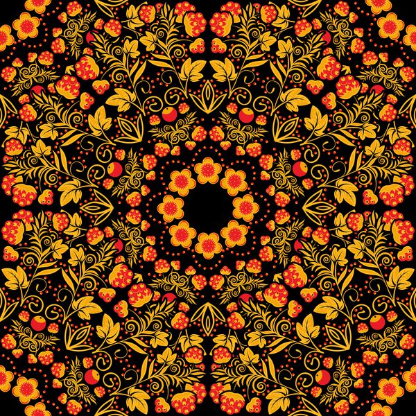الگوی بدون درز روشن به سبک خوخلوما گل‌ها برگ‌ها و توت‌های طلایی روی پس‌زمینه سیاه وکتور