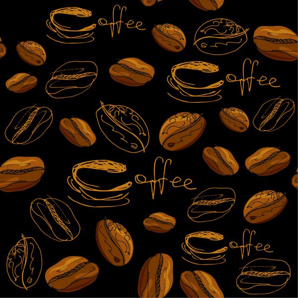 الگوی بدون درز با فنجان های قهوه دستی دانه ها قهوه متن خوشنویسی طراحی پس زمینه برای منوی کافه یا رستوران