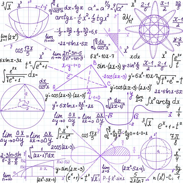 بردار ریاضی الگوی بدون درز با شکل ها و فرمول ها دست نویس بر روی کاغذ کتاب کپی رنگ های مختلف