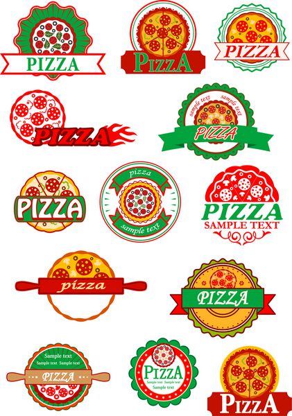 برچسب پیتزا ایتالیایی تازه بنر و نشان با پیتزا پنیر قارچ و سالامی برای لوگوی فست فود کافه و رستوران