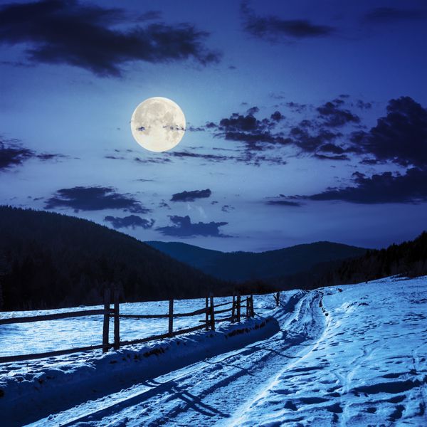 منظره کوهستانی زمستانی جاده پر پیچ و خم که به جنگل کاج پوشیده از برف منتهی می شود حصار چوبی در نزدیکی جاده در شب در نور ماه کامل قرار دارد