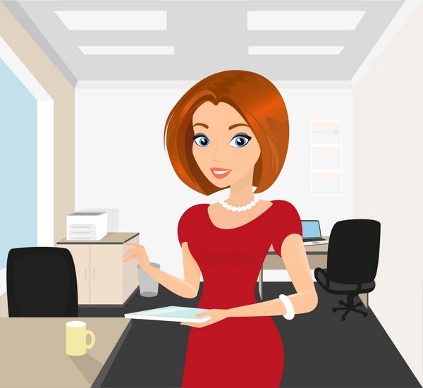 زن زیبا در دفتر یک رایانه لوحی در دست دارد
