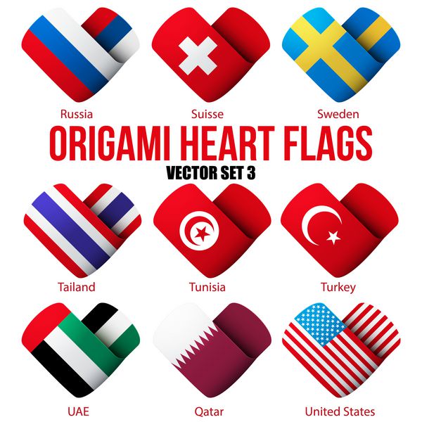 مجموعه ای از نمادهای پرچم به شکل قلب عاشقشم وکتور جدا شده در پس زمینه سفید