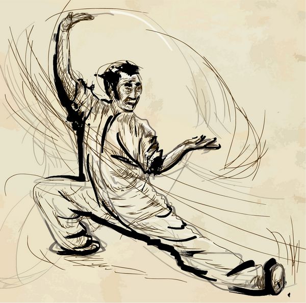 یک تصویر کشیده شده با دست تبدیل به وکتور از سری هنرهای رزمی تایجی تای چی یک هنر رزمی داخلی چینی است که هم برای تمرینات دفاعی و هم فواید سلامتی آن انجام می شود