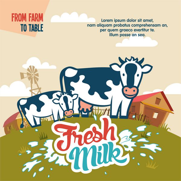 پوستر تبلیغاتی شیر تازه از مزرعه تا میز با گاو و برچسب