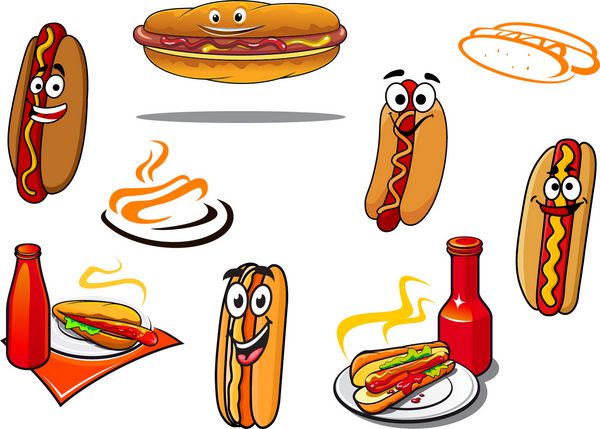 مجموعه شخصیت ها و نمادهای کارتونی سگ برای فست فود تغذیه و طراحی لوگو
