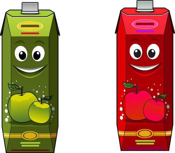 شخصیت بسته بندی آب سیب کارتونی با میوه های سبز و قرمز جدا شده در پس زمینه سفید