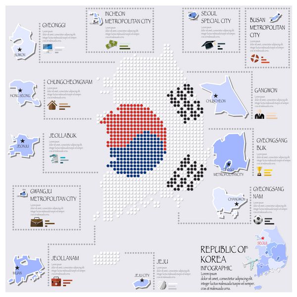 الگوی طراحی اینفوگرافیک نقشه نقطه و پرچم جمهوری کره