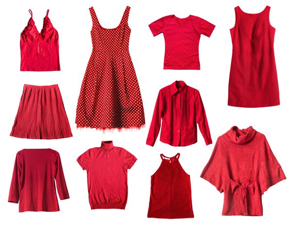 مجموعه ای از لباس های زنانه قرمز در زمینه سفید