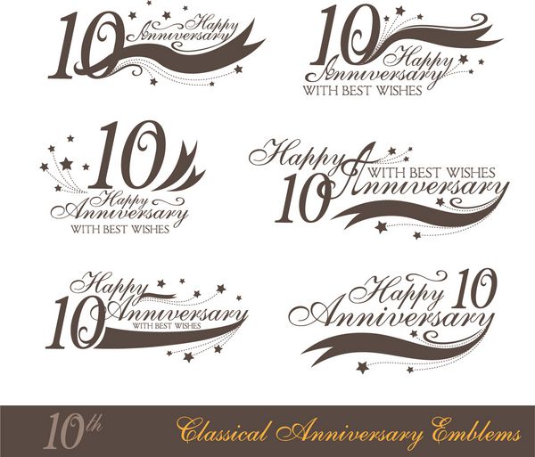 مجموعه نشانه های سالگرد 10 به سبک کلاسیک الگوی نمادهای سالگرد تولد و جشن با شماره قابل ویرایش و کپی sp بر روی روبان