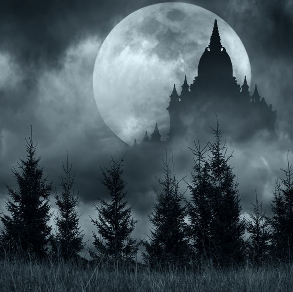 شبح قلعه جادویی روی ماه کامل در شب مرموز پس زمینه فانتزی با جنگل درخت کاج در زیر آسمان ابری دراماتیک