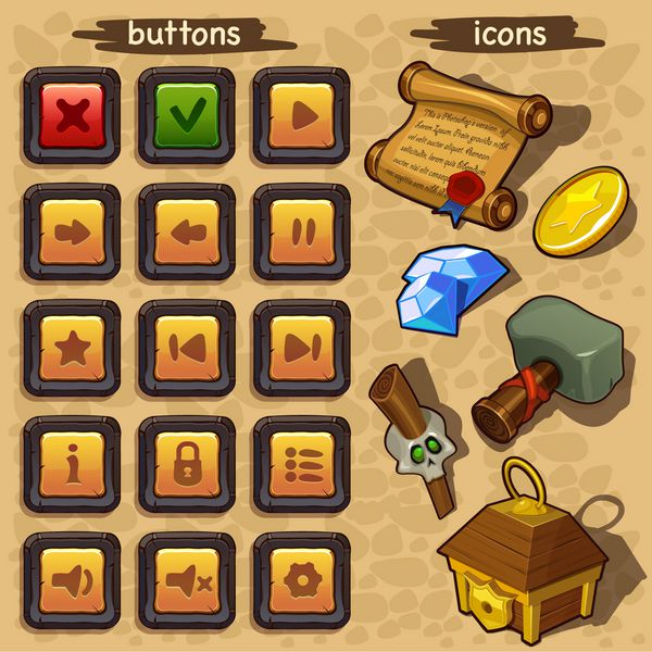 وکتور طراحی بازی interf تنظیم دکمه ها و نماد منبع برای بازی