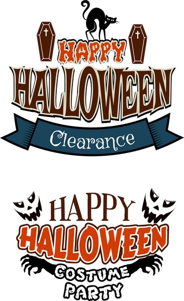 دو طرح پوستر وکتور هالووین برای مهمانی و فروش با متن جشن هالووین مبارک ترخیص و جشن جشن هالووین شاد با تابوت گربه دست های اسکلتی و ارواح