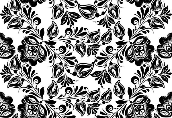 وکتور الگوی بدون درز گل زیور آلات سنتی روسی hohloma پس زمینه سیاه و سفید