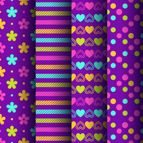 مجموعه ای از چهار پس زمینه رترو رنگارنگ بدون درز با گل راه راه قلب و نقطه