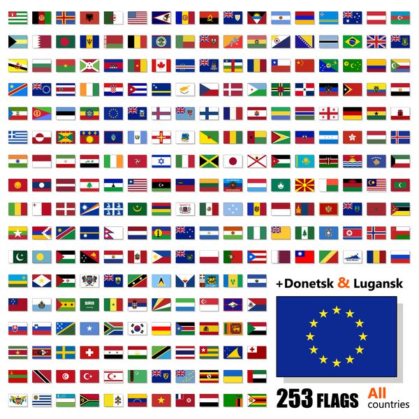 مجموعه پرچم های جهان - همه کشورهای مستقل در سال های 2014 و 2015 - با دونتسک و لوهانسک - وکتور