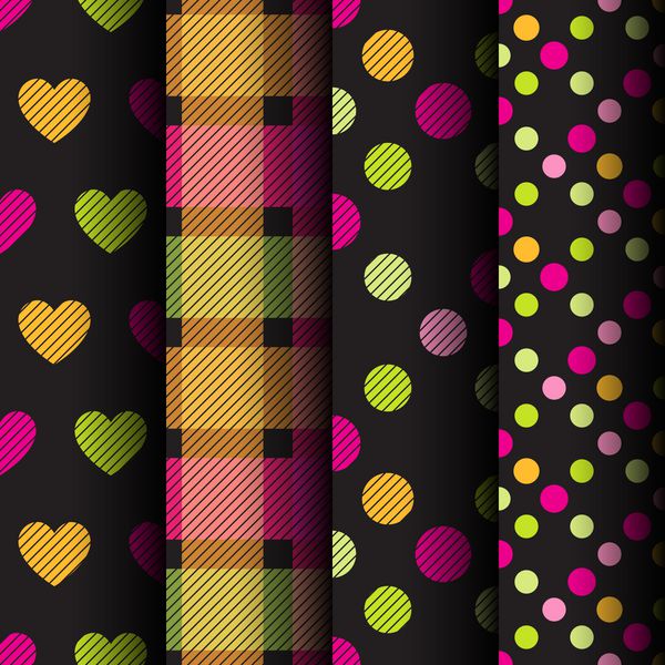مجموعه ای از چهار الگوی بدون درز رترو رنگارنگ روی نقطه پولکا قلب و سلول در پس زمینه سیاه