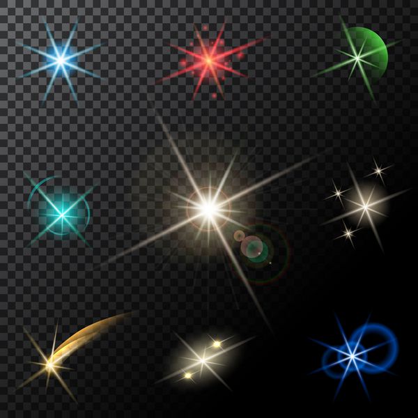 وکتور چراغ های درخشان ستاره ها و جرقه ها در پس زمینه شفاف