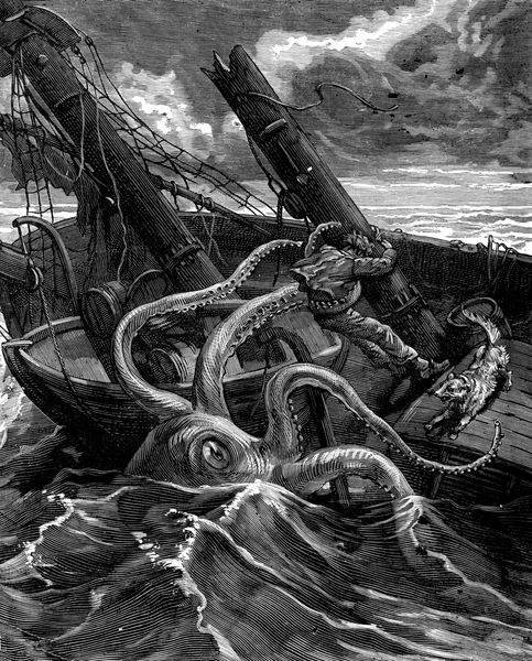 ماجراهای خطرناک نارسیس نیکایز در کنگو او یک هیولای دریایی ترسناک را پیش روی خود داشت تصویری با حکاکی قدیمی journal des voyage travel journal 1880-81