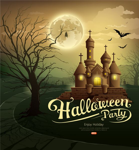 قلعه های جشن هالووین مبارک با پیام خفاش درخت شبح پس زمینه طرح ماه وکتور