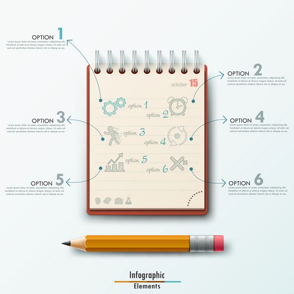 قالب مدرن اینفوگرافیک با دفترچه یادداشت و مداد در پس زمینه سفید بردار می تواند برای طراحی وب و طرح گردش کار استفاده شود