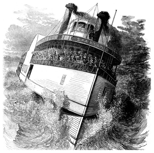 کشتی بخار روی تپه ها تصویر حکاکی شده قدیمی journal des voyages travel journal 1879-80