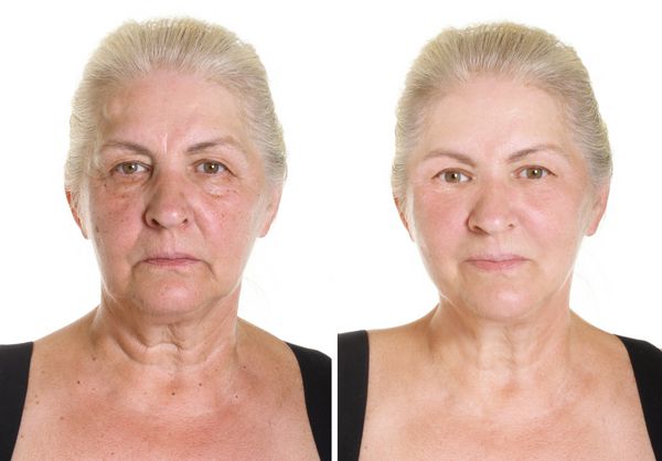 پرتره زن مسن جدا شده روی سفید قبل و بعد از روتوش