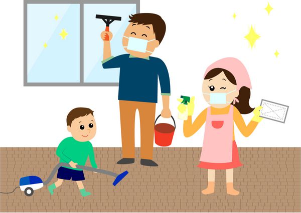 یک خانواده سه نفره خوشحال در حال تمیز کردن خانه وکتور