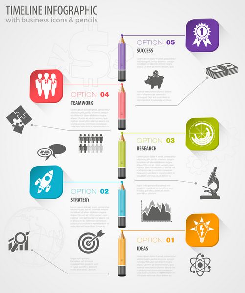 اینفوگرافیک جدول زمانی کسب و کار با مداد نمادها و گزینه های شماره قالب وکتور