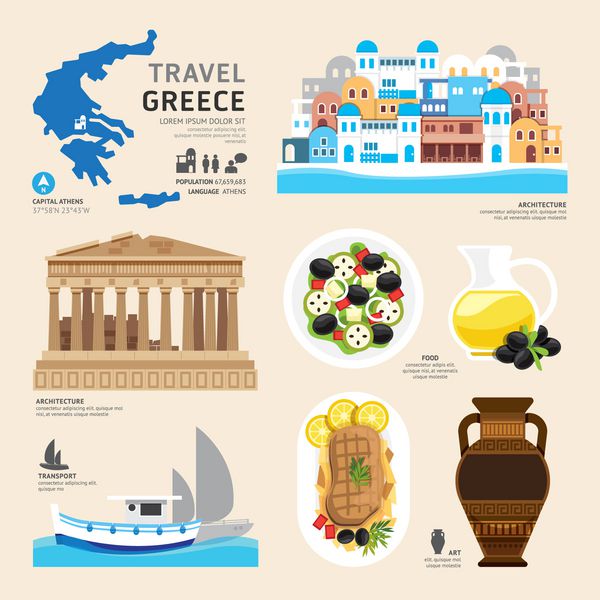 طراحی نمادهای مسطح نمادین یونان مفهوم سفر وکتور