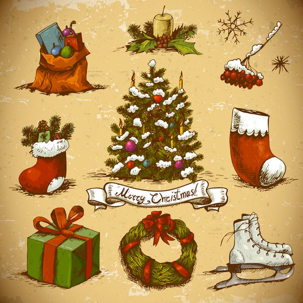 مجموعه ای از عناصر طراحی دستی سال نو و کریسمس با درخت کریسمس هدایا اسکیت وکتور