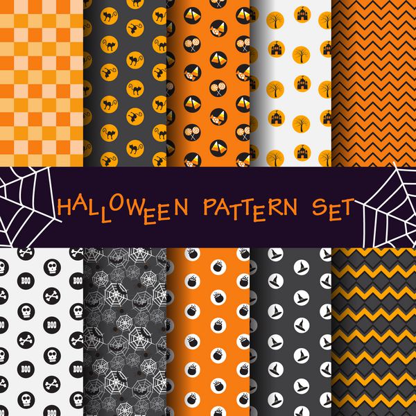 10 الگوی بدون درز مختلف هالووین بافت بی پایان را می توان برای کاغذ دیواری پر کردن الگو صفحه وب پس زمینه گشت و گذار استفاده کرد
